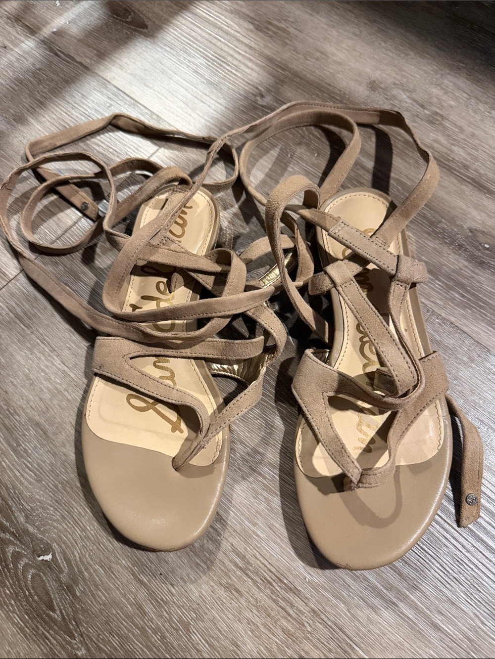 Sam Edelman Taupe Suede Lace-Up Flat Sandals
